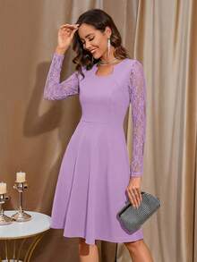 Amorya Sleeve Lace Splicing Notched-Neck Irregular Hem Dress - Lilac Purple - View 6