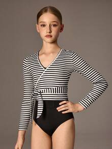 少女芭蕾舞服装，高弹力光滑外套，适合芭蕾舞比赛秋冬季穿着 - 黑與白 - 查看 5