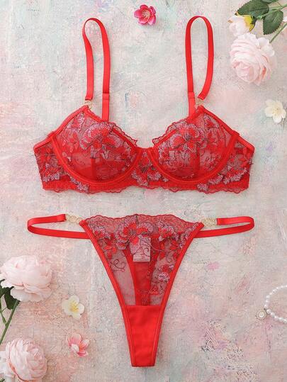 SHEIN 2件套刺绣前扣钢圈文胸套装