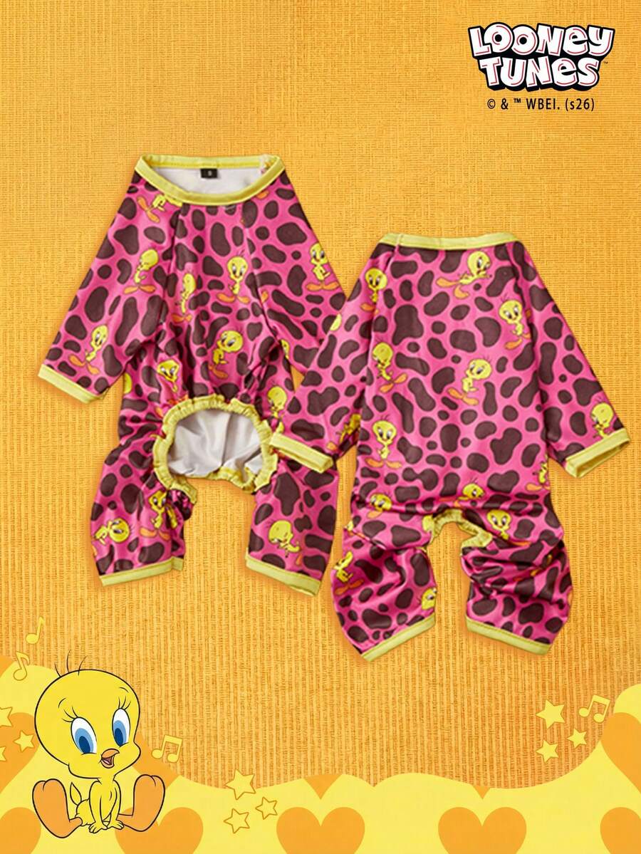 LOONEY TUNES X PETSIN 1 Bộ quần áo liền thân cho chó mèo dễ thương, in hình chim vàng, hoa hồng và báo đỏ, họa tiết hoạt hình đáng yêu, có độ co giãn và thoải mái. - Nhiều màu - Xem 1