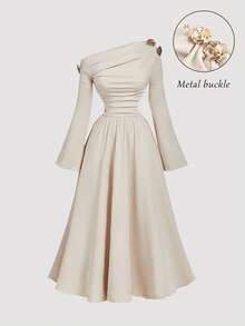 SHEIN MOD Plus Size Apricot Asymmetric-Shoulder Midi Dress For Women, One Shoulder Dress Elegant,  Thanksgiving Dress, Dress, Party Dress, Elegant Dresses For Ladies, Chic Autumn, Dress,Dresses For Women Elegant, Dress ,Elegant Party Dresses,Valentine's Day Dress ,Spring Break Outfits,Birthday Outfit For Women Beige Dresses For Women Cream Dresses For Women Modest Dress Long Sleeve Elegant Dress Neutral Dresses For Women