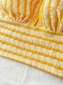 Roelina Áo croptop nữ gợi cảm hở lưng kẻ sọc, buộc dây phía trước, thích hợp cho kỳ nghỉ biển. - Màu vàng - Xem 5