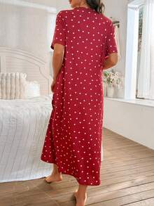 Moonlight&Mama Heart Print Snap-Front Maternity Nursing Nightgown With Short Sleeves - Burgundy - View 2