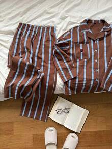DAZY 2pcs Women Loose Fit Cat Striped Pattern Long Sleeve Cardigan And Pants Pajama Set - Brown - View 5