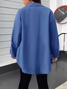 SHEIN Essnce 大码女装春夏时尚休闲运动舒适日常宽松粉色长袖纽扣衬衫和黑色紧身背心连体裤两件套，女士春季穿搭，女士机场穿搭，Y2K风格服装，街头服饰 - 藍色 - 查看 4