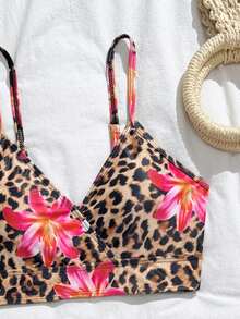 Tween Girl 3pcs Set Leopard & Floral Print Tankini Swimsuit - Brown - View 3