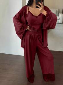 DAZY 3pcs Lace Patchwork Robe, Camisole & Pants Women Sleepwear Set - Burgundy - View 5