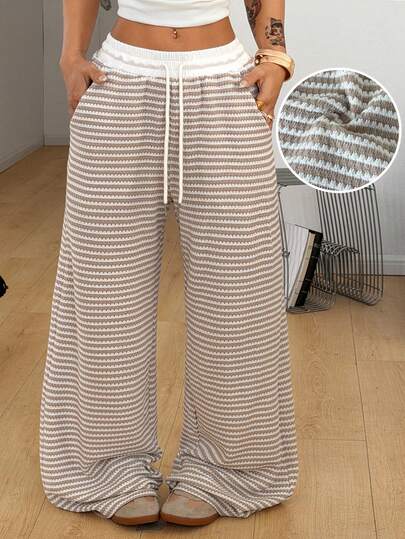Coolane Summer Outfits  Women's Plus Size ,Streetwear Vintage FestivalKhaki Knit Striped Wide Leg Pants For Women,Beach Pants ,Beach , Summer Vacation Outfits