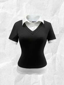 Resyla Women's Collared Button Half-Placket 2 In 1 Casual Everyday Short Sleeve T-Shirt Black And White Tops Preppy Tops Black And White Blouse Office Tops Women Cute Black Tops - Black and White - View 6