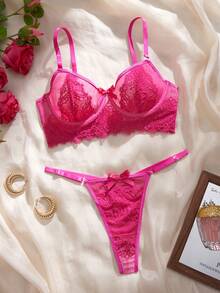 2pcs Set Magenta Lace Underwire Bra & Panty Set - Hot Pink - View 11