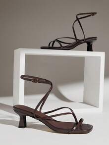 SHUZIA Women's Elegant Minimalist Square Toe Ankle Strap Kitten Heel Sandals