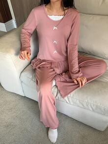 DAZY 甜美蝴蝶结装饰二合一荷叶边女士睡衣套装 - 粉色 - 查看 4