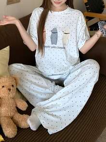 DAZY 两件套女士小熊印花波点宽松短袖睡衣套装 - 白色 - 查看 3