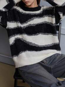 Maija 女士黑白撞色休闲宽松圆领长袖毛衣，四季皆宜，春季嬉皮风 - 黑與白 - 查看 7
