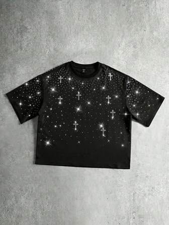 Maglietta a maniche corte con stampa di diamanti scintillanti, vestibilità ampia, da uomo