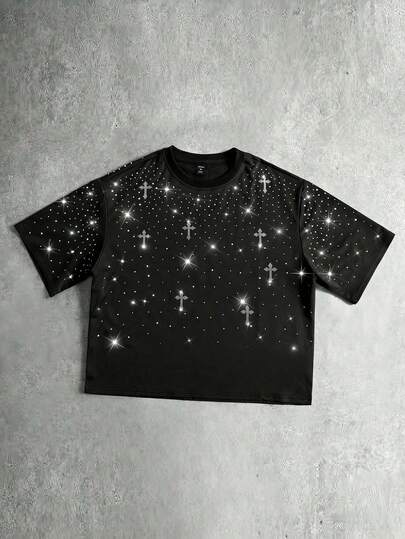 Men's Sparkling Diamond Printed Loose Fit Short Sleeve T-Shirt