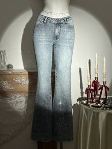 Elamini 女士休闲时尚街头日常通勤水钻装饰喇叭牛仔裤 - 淺色水洗藍 - 查看 7