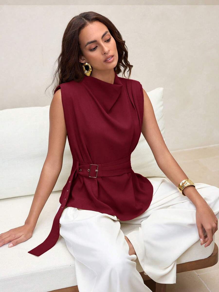 Arave 女士时尚高领不对称褶皱肩部无袖可调节腰部芥末黄上衣衬衫 - 酒紅色 - 查看 1