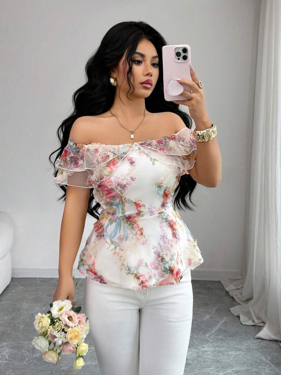 Elenzga Women's Elegant Open Shoulder Ruffle Trim Fitted Sleeveless Blouse, Spring - Multicolor - View 1