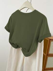 Plus Size Women's Plain Crew Neck Short Sleeve T-Shirt, Summer - Army Green - View 2