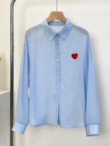 SHEIN Franclia Women's Loose Blue Heart Embroidered Long Sleeve Shirt, Suitable For Spring/Summer - Blue - View 4