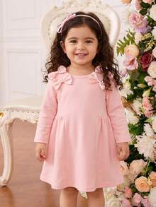 女婴柔软舒适的抓绒长裙，肩部饰有精致蝴蝶结，可爱公主风 - 粉色 - 查看 3