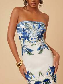 Travachic Women's Floral Print Bandeau Vacation Dress - Blue and White - View 1