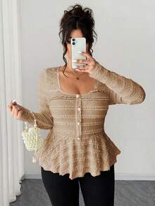 Elenzga 大码女装新款春夏秋季休闲通勤旅行衬衫，纹理面料，不对称下摆，喇叭袖，侧边金属装饰设计，秋季款 - 卡其色 - 查看 4