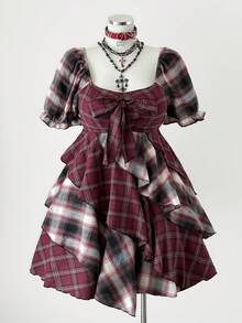 Sunspun 大码格子印花长袖不对称下摆半身裙 - 酒紅色 - 查看 6