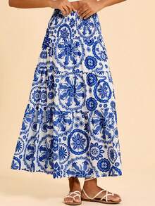 Travachic Women's Boho Blue Random Print Woven Fabric Maxi Skirt With Ruffle Hem And Slit Detail - Blue - View 3