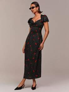 COSMINA Elegant Black Floral Summer Tea Party Dress,Sweetheart Neck Ruffle Sleeve Digital Floral Print Dress,Commuter Valentine's Day Date Dress For Women - Multicolor - View 5