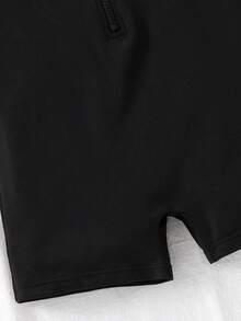 SHEIN Young Girl Solid Color Knit Mock Neck Half-Zip Fitted Casual Jumpsuit Activewear,Kids - Black - View 6