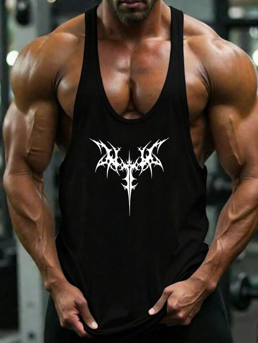 Manfinity Sport PWRUP 男士撞色印花背心，运动上衣，舒适透气宽松版型，适合健身房运动穿着。 - 黑色 - 查看 1