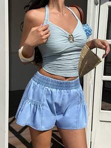 Sunnyshic 女士休闲弹力腰牛仔短裤 - 藍色 - 查看 3