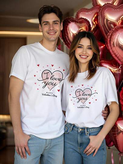 Manfinity Homme Romantic Valentine's Day Heart Logo Casual Print Men's Regular Fit Short Sleeve T-Shirt, Essential For Dates And Gatherings, Couple's Gift For Boyfriend