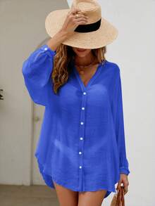 Swim Lushoire Navy Blue Summer Beach Resort Long Sleeve Open Front Women Kimono Cover Up - Royal Blue - View 7