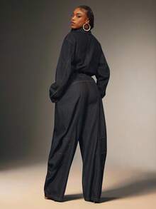 Denimoi Button Front Collared Long Sleeve Barrel Leg Denim Jumpsuit Barrel Jeans Long Sleeve Jumpsuit - Dark Wash - View 3