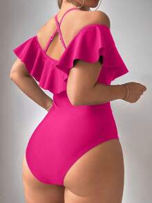 SHEIN Swim 女士纯色露肩吊带荷叶边下摆时尚度假沙滩连体泳衣 - 粉色 - 查看 2