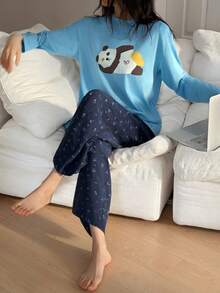 DAZY 2pcs Women Bear Pattern Loose Long Sleeve T-Shirt & Ditsy Floral Pants Pajama Set