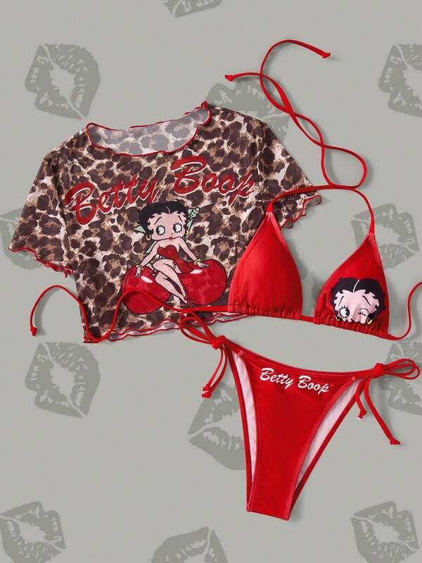 Betty Boop x SHEIN 女士夏季度假沙滩卡通图案吊带比基尼套装及罩衫