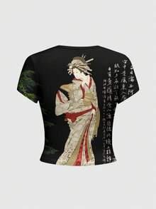 ROMWE Avant Áo thun gợi cảm in toàn bộ họa tiết thư pháp kiểu Trung Quốc punk dễ thương, hình ảnh khẩu hiệu và rừng tre. - màu đen - Xem 2