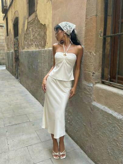 SHEIN MOD 女士优雅通勤纯色露背吊带上衣和半身裙两件套