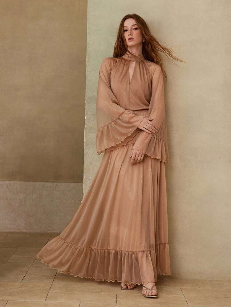 WOMEN'S ROMANTIC RUFFLED BLOUSE AND SKIRT 2 PIECES SET, SPRING/SUMMER