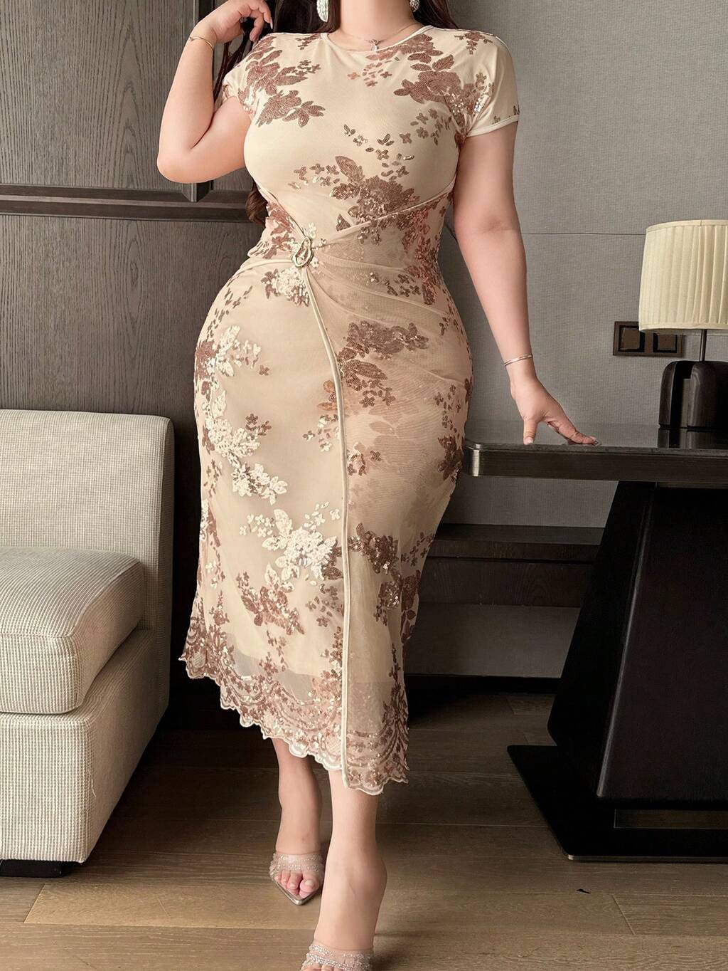 Dazy Plus Plus Size Women's Sequin Embroidered Floral Bodycon Dress, Stretchy Party Dress For Spring/Summer Dress Sundress