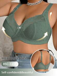 DesireSculpt 1pc Plus Size Lace Patchwork Wireless Bra - Dark Green - View 6