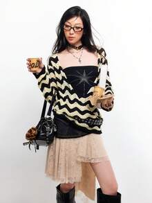 Bloopia 女士条纹长袖交叉前襟针织上衣，春夏款 - 黑色 - 查看 3