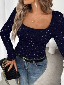 SHEIN LUNE 女士休闲长袖T恤，适合秋冬季叠穿 - 藏蓝色 - 查看 4