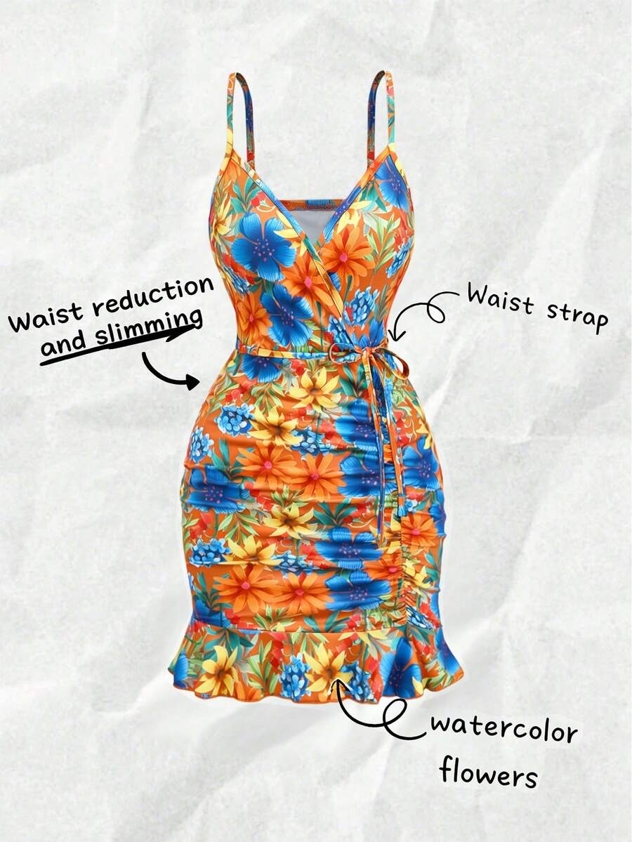 Nevyona Đầm hai dây eo in họa tiết nhiều màu sắc dành cho nữ - trái cam - Xem 1