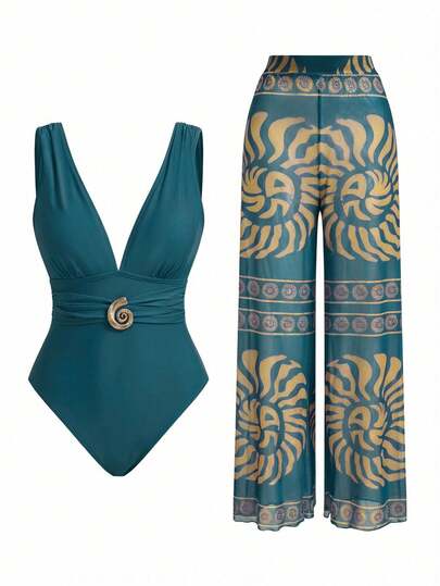 Swim Oasis Women's Vintage Spiral Textured One-Piece Jumpsuit, Elegant And Suitable For Vacation