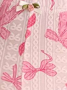 Dream Adore Cartoon Bow Print Contrast Lace Romantic Fitted Pajama Set - Pink - View 7